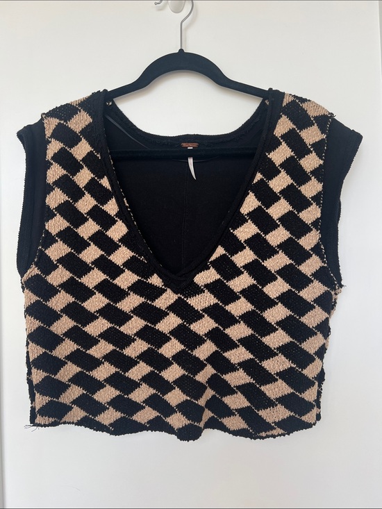 Free People Sweaters - Free People Black and Beige Checkered V-Neck Sweater Vest